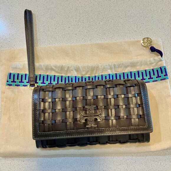 TORY BURCH Britten Woven Flap Wallet Wristlet - Deep Brown - Picture 12 of 15